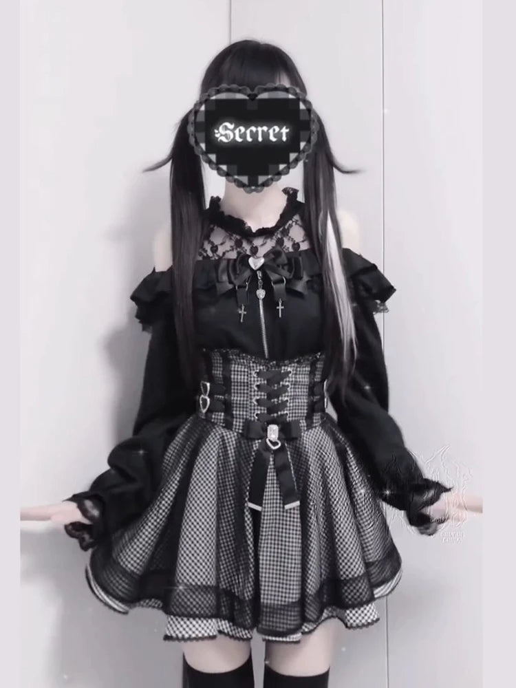 Sweet Elegant Kawaii Slim Off Shoulder Suit Women's Japanese Lovely Lace New Black Short Skirt Suit Fashion Vintage Lolita Set