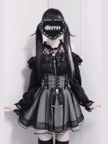 Sweet Elegant Kawaii Slim Off Shoulder Suit Women's Japanese Lovely Lace New Black Short Skirt Suit Fashion Vintage Lolita Set