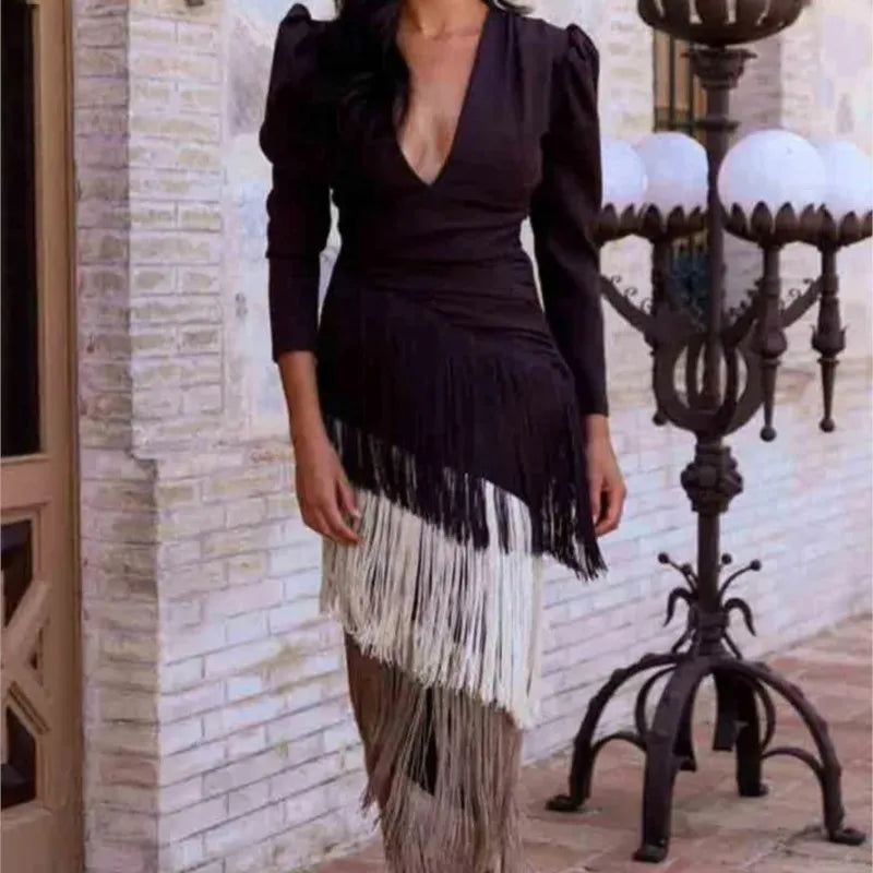 Autumn Long Sleeve Spliced Tassel Party Dresses Woman Elegant Deep V Neck Sheath Long Dress Fashion Deep V Neck Holiday Dress