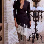 Autumn Long Sleeve Spliced Tassel Party Dresses Woman Elegant Deep V Neck Sheath Long Dress Fashion Deep V Neck Holiday Dress