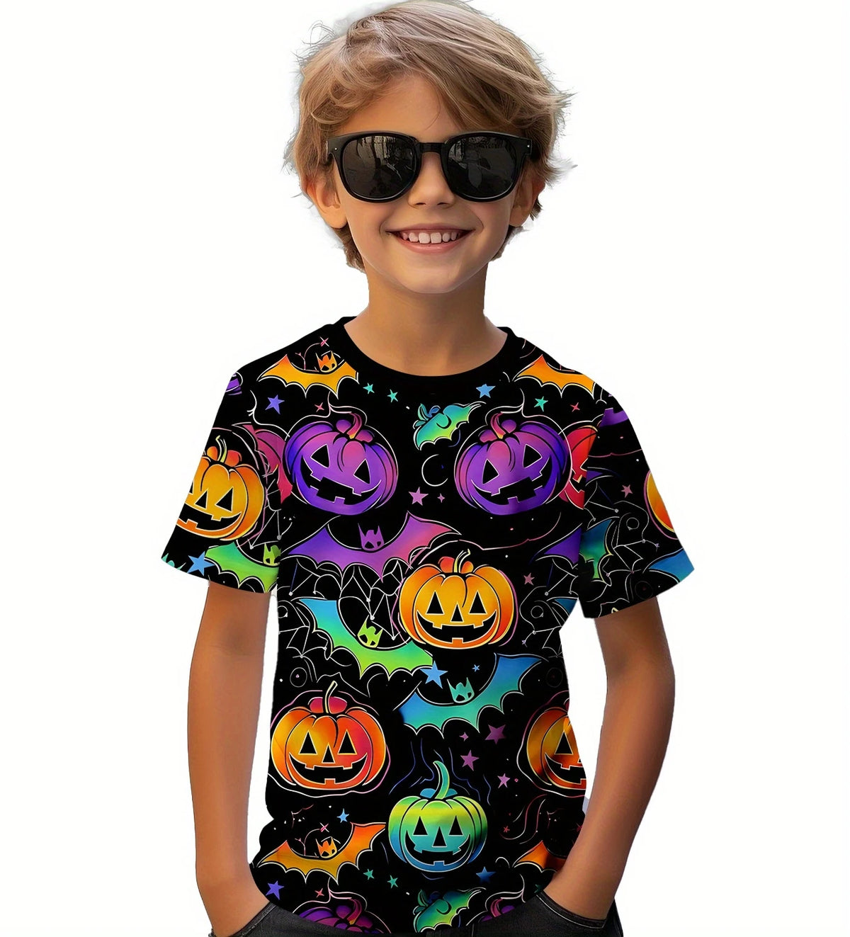 Kids Halloween Graphic T-Shirt Spooky Cat & Bat Print TXS00QOZ
