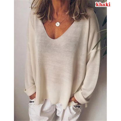 Fashion Summer New Women T-Shirt Solid Color Casual Versatile Loose Tops V-Neck Blouses Long Sleeve Shirt Perspective Y2K Tops Khaki