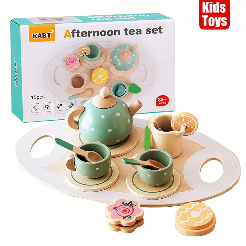 Kids Wooden Afternoon Tea Set Toys Kitchen Accessories Tea Party Food Play Early Educational Toys for Toddlers Girls Boys Gifts