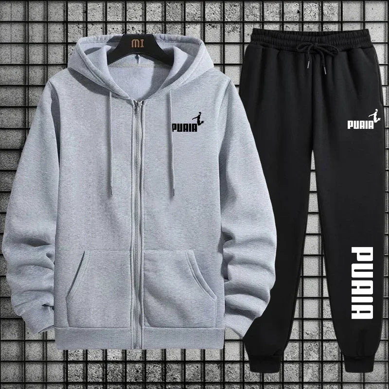 New in Women Tracksuit Trend Printing Hooded Sweatshirts Pants 2Pcs Set Casual Zipper Overcoat Suit Daily Clothing Autumn Winter Grey