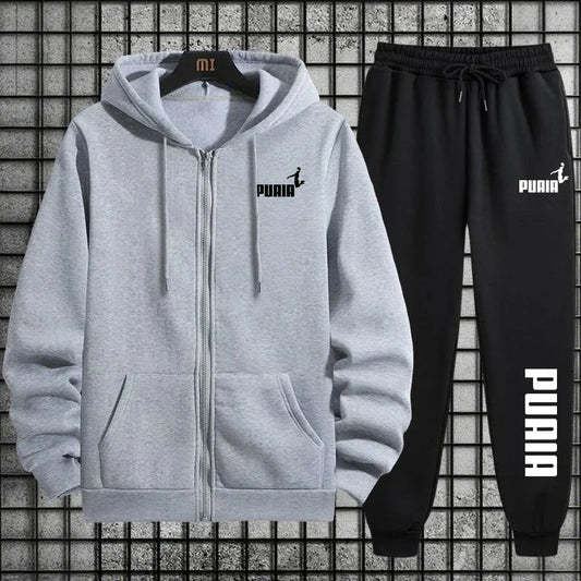 New in Women Tracksuit Trend Printing Hooded Sweatshirts Pants 2Pcs Set Casual Zipper Overcoat Suit Daily Clothing Autumn Winter Grey