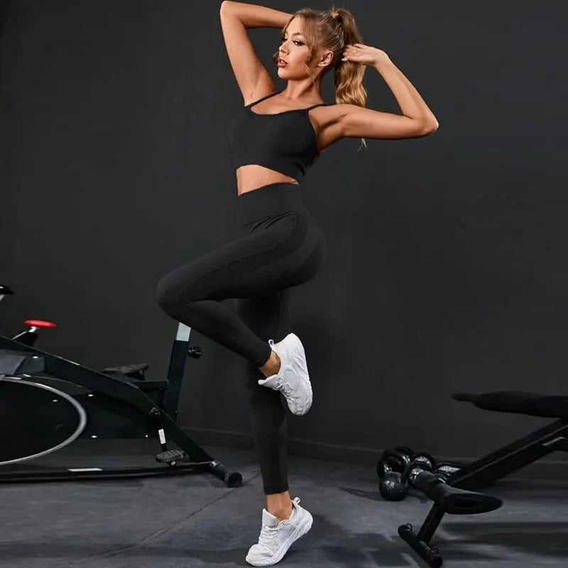 2 Pieces Women's Tracksuit Seamless Yoga Set Workout Sportswear Gym Clothing High Waist Leggings Fitness Sports Suits black M