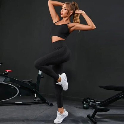 2 Pieces Women's Tracksuit Seamless Yoga Set Workout Sportswear Gym Clothing High Waist Leggings Fitness Sports Suits black M