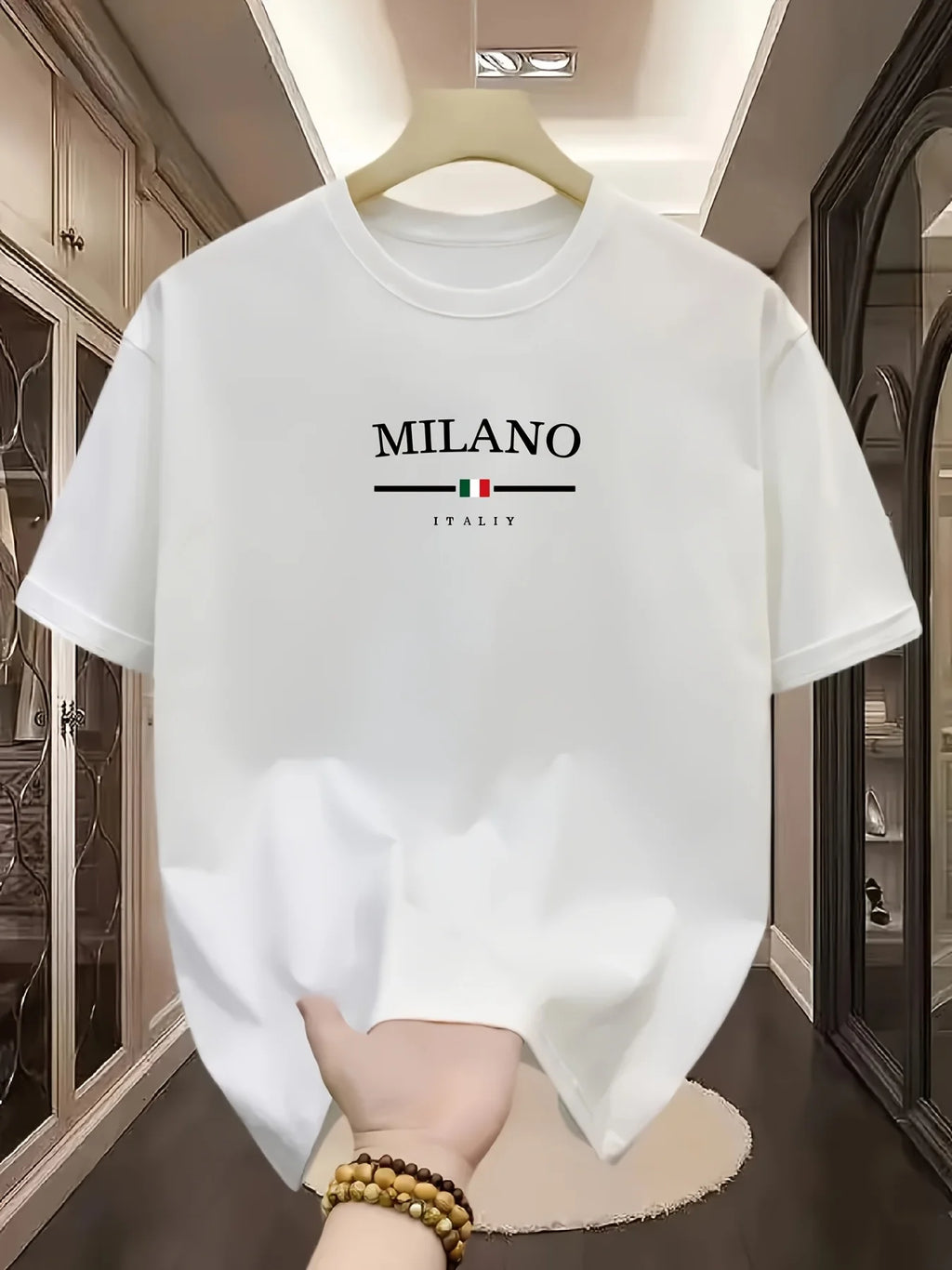 Men's 100% pure cotton fashionable casual loose Italian style Milan letter printed round neck short sleeved T-shirt top