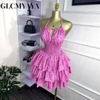CM.YAYA Women Floral Printed Halter Ruffles Midi A-line Tiered Mini Dress Fall Vacation Elegant Evening Birthday Party Dresses