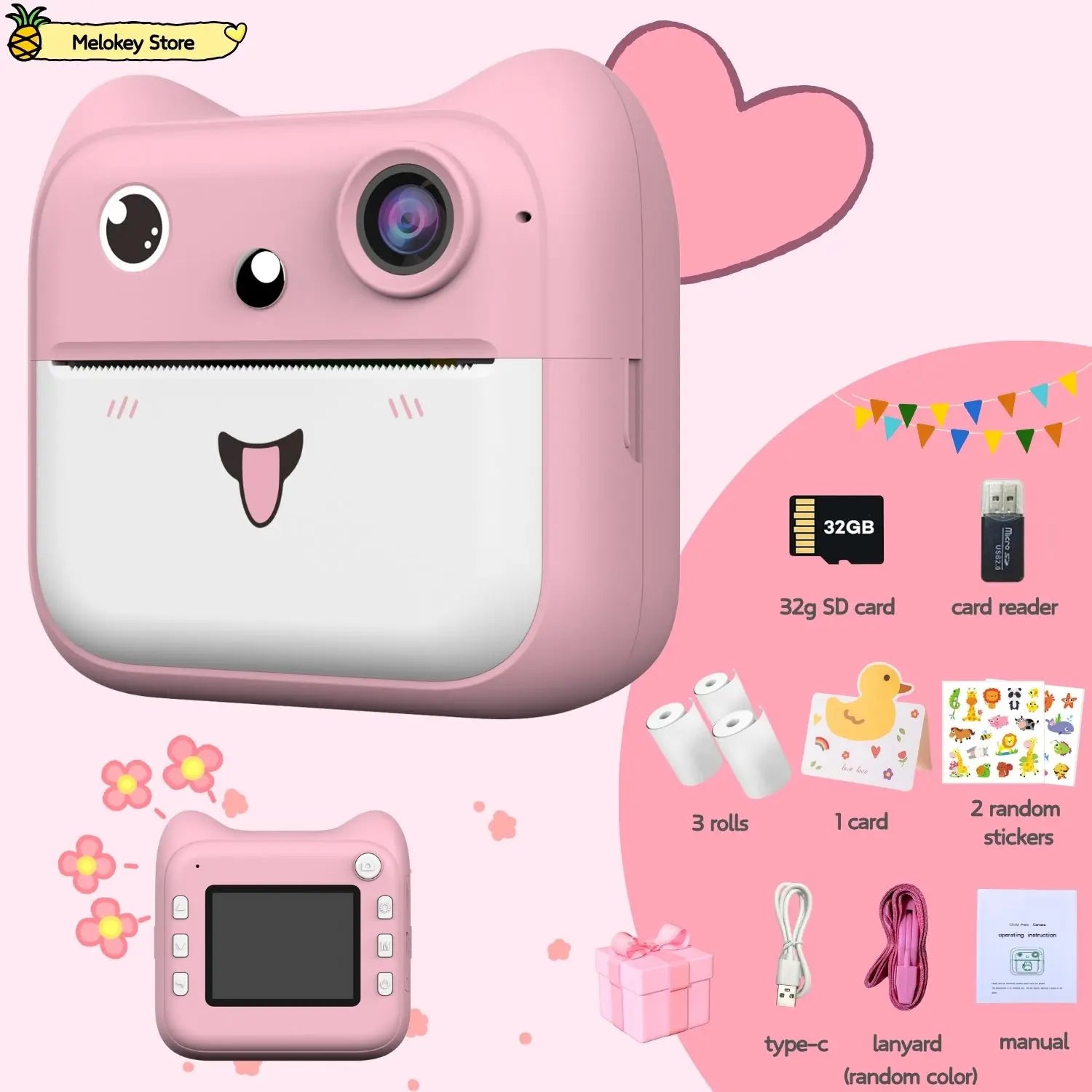 Kids Photo Camera Printer with Game Cute Pink Blue Mini Digital Video Child Instant Print Camera 4-12 Years Kids Girls Boys Gift Pink-Set3