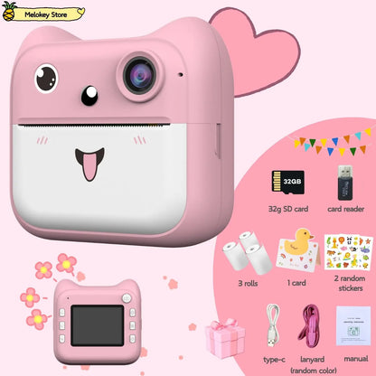 Kids Photo Camera Printer with Game Cute Pink Blue Mini Digital Video Child Instant Print Camera 4-12 Years Kids Girls Boys Gift Pink-Set3