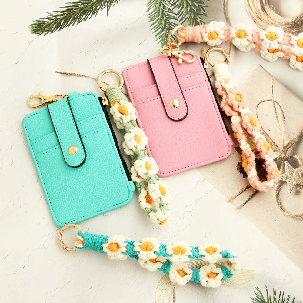 Silicone bead pu leather key chain wristlet id credit card holder keychain wallet for women with bangle bracelet