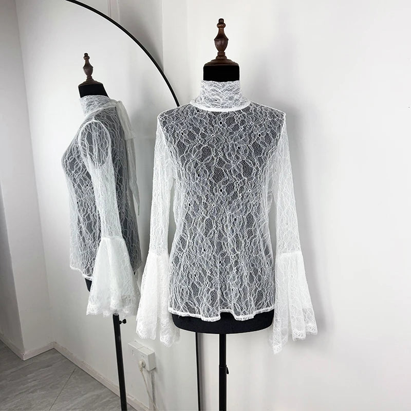 Tornova Sexy Lace Women's T shirt Ruffled Sleeve Ribbon Blouse Fashion Pullover Top 2025 Fall Winter Casual Office Lady T shirt White