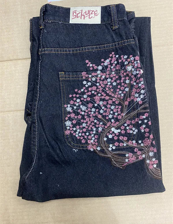 Vintage Low Waist Hip Hop Cherry Blossom Embroidered Jeans  Wide Leg Trousers Y2K Clothes Mens Womes Embroidered Baggy Jeans