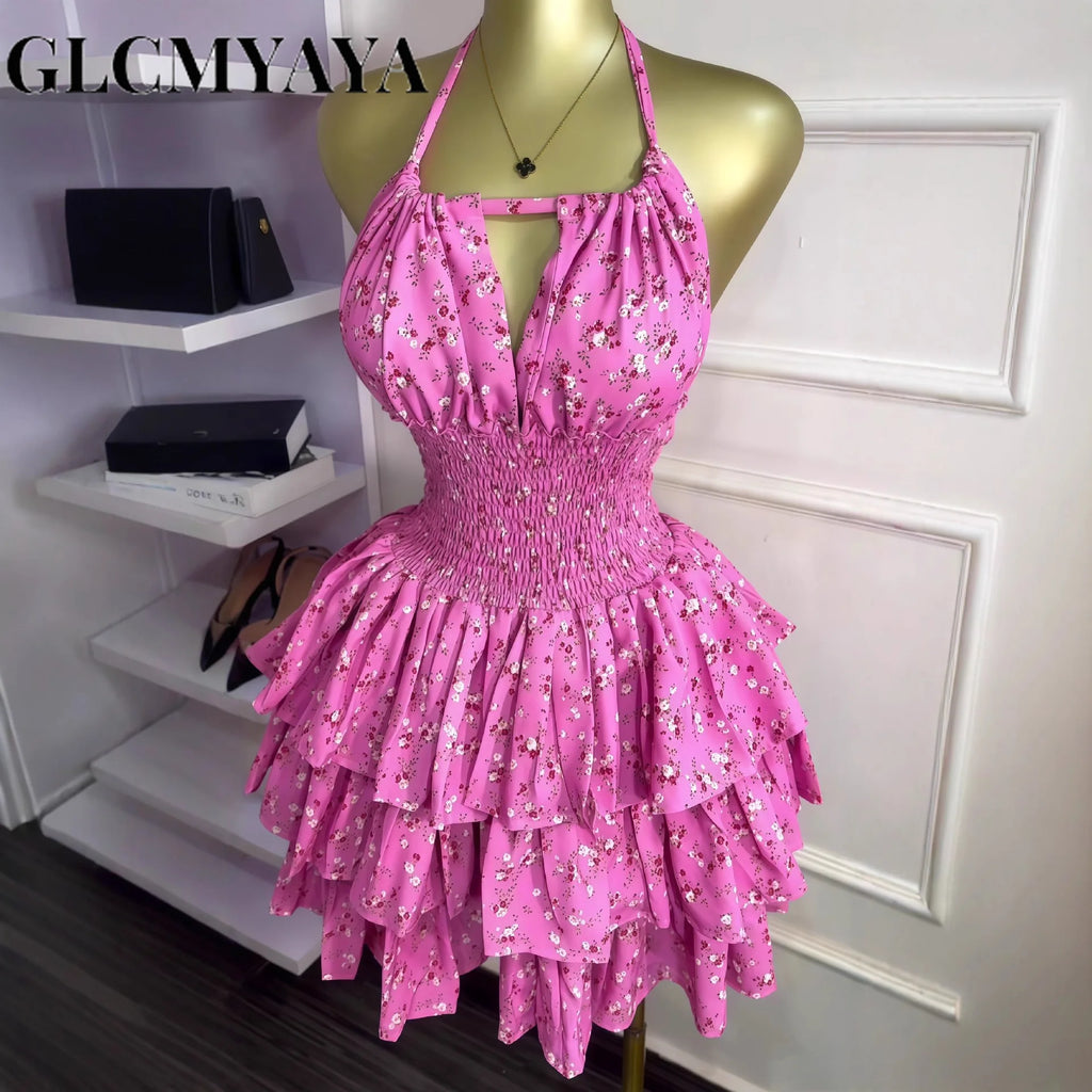 CM.YAYA Women Floral Printed Halter Ruffles Midi A-line Tiered Mini Dress Fall Vacation Elegant Evening Birthday Party Dresses