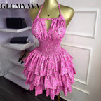 CM.YAYA Women Floral Printed Halter Ruffles Midi A-line Tiered Mini Dress Fall Vacation Elegant Evening Birthday Party Dresses
