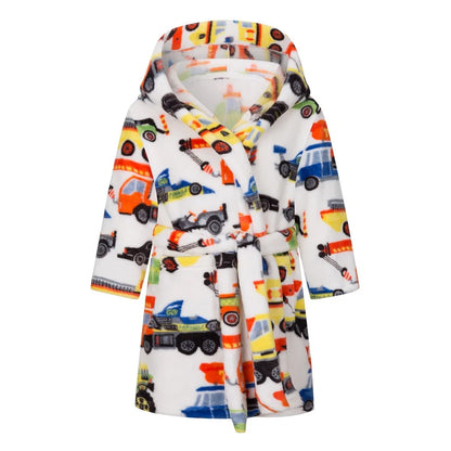 Kids Car Printed Flannel Bathrobe Baby Boy Cartoon Hooded Pajamas Children Soft Bath Robe Nightgown Teenager Toddler Clothing Police car