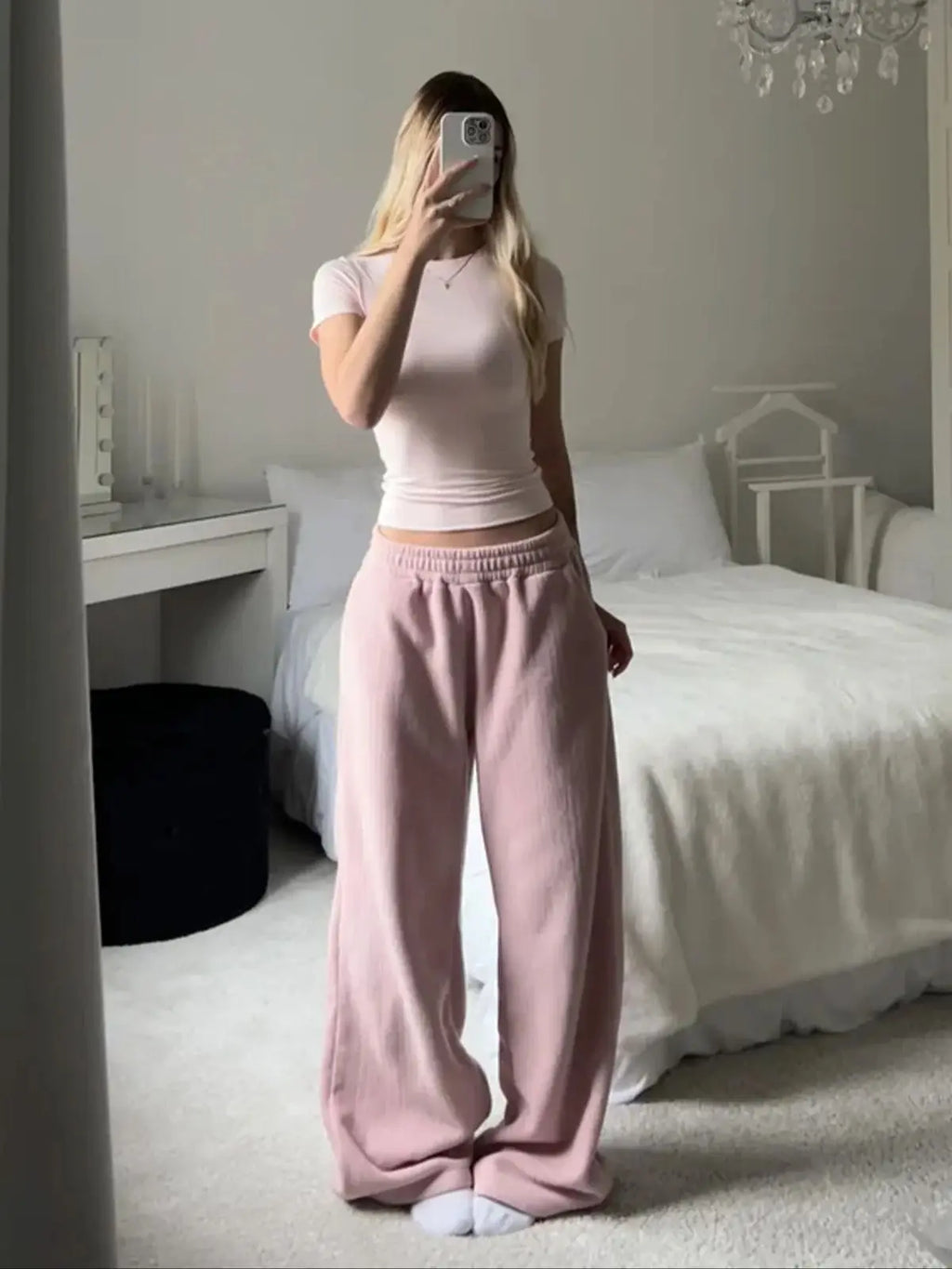 Women's Fall Winter Casual Wide Leg Pants, Comfortable Loose Fit Home Wear, Simple Solid Color Daily Clothing Pink