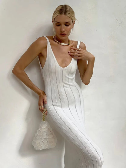 Sexy Backless Beach Dress Women 2026 Summer Sleeveless Knitted Long Dress Elegant Cocktail Party Maxi Bodycon Dress Vestidos white