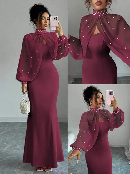 Elegant Pink Mermaid Gown with Beaded Sheer Capelet, Bodycon Slip Dress Set Burgundy United States