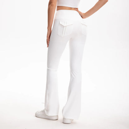 Women's High Waisted Flared Yoga Pants with Pockets Tummy Control Bootcut Leggings for Gym Fitness Casual Wear Ivory