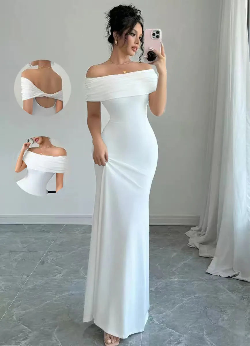 Off Shoulder Party Dress, Women‘s Sleeveless Sexy Bodycon Midi Dress, Elegant Bandage Cocktail Dress for Night Out WHITE