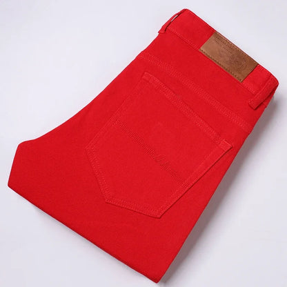 White Jeans Men's Fashion Straight Elastic Cotton Denim Pants Spring Autumn All-match Business Casual Trousers Male Clothes Red