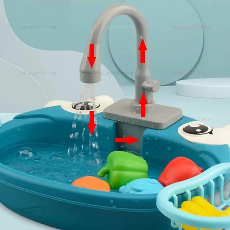 Kids Play Kitchen Set Simulated Dishwasher Sink Hand Basin with Electric Circulating Water Toys for Boys Girls Pretend Role Play