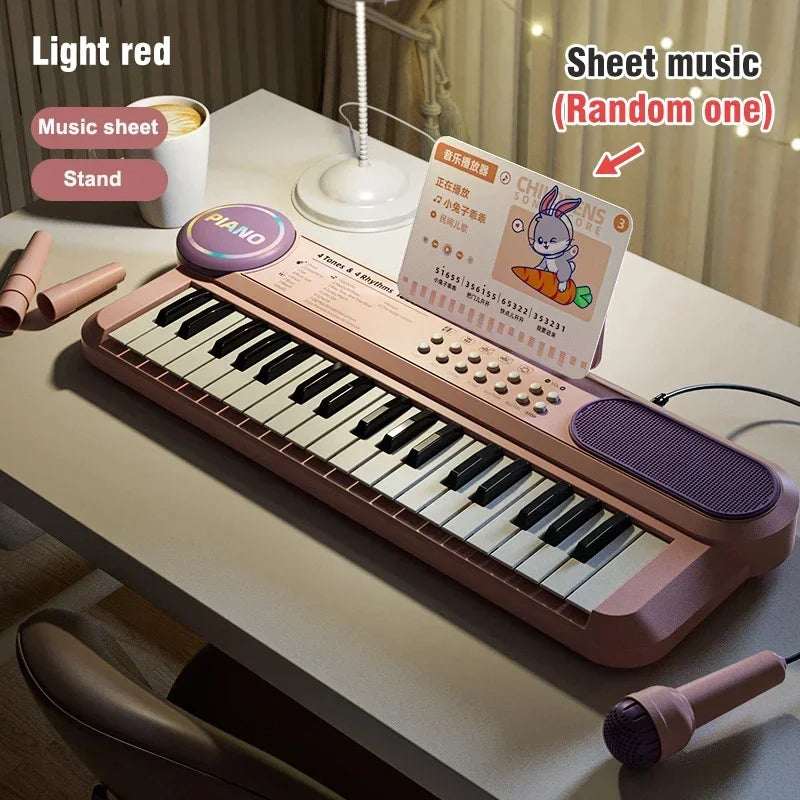 Kids Electric Piano 37 Baby Keyboard with Microphone Singing Songs Development Educational Toy Musical Instrument Games Children light red