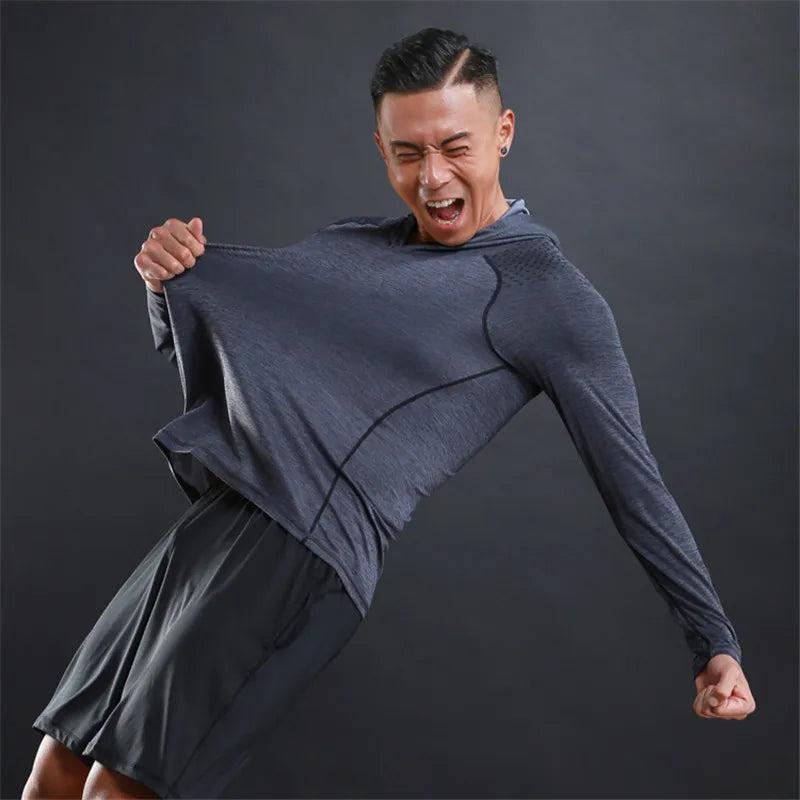 Sport Bodybuilding Sweatshirt Running Jacket Men Hoodies Gym Training Fitness Compression Jersey Long Sleeved T-Shirts Fast Dry GRAY