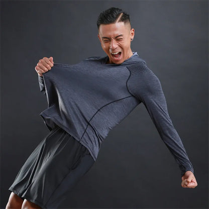 Sport Bodybuilding Sweatshirt Running Jacket Men Hoodies Gym Training Fitness Compression Jersey Long Sleeved T-Shirts Fast Dry GRAY