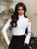 Korean Fall Winter Turtleneck Basic Tops Women Sexy Off Shoulder Long Sleeve Thick Fleece T Shirt Fashion Black Tees Lady WHITE
