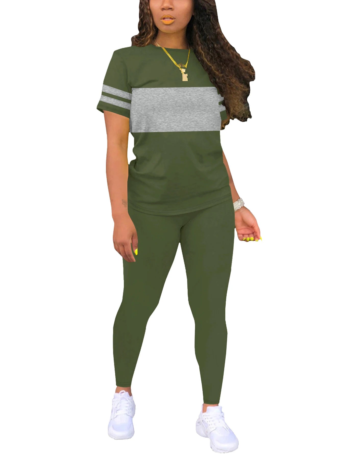 Women's Summer Casual Set Fashionable Comfortable Ensemble Ladies Clothing Outfit army green