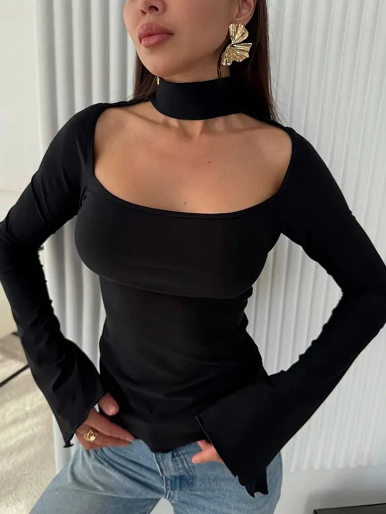 Women'S Fall/Winter New Arrival Solid Color Hanging Neck Square Collar Slim-Fit Elegant Slit Long-Sleeve Causal Top