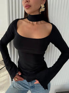 Women'S Fall/Winter New Arrival Solid Color Hanging Neck Square Collar Slim-Fit Elegant Slit Long-Sleeve Causal Top