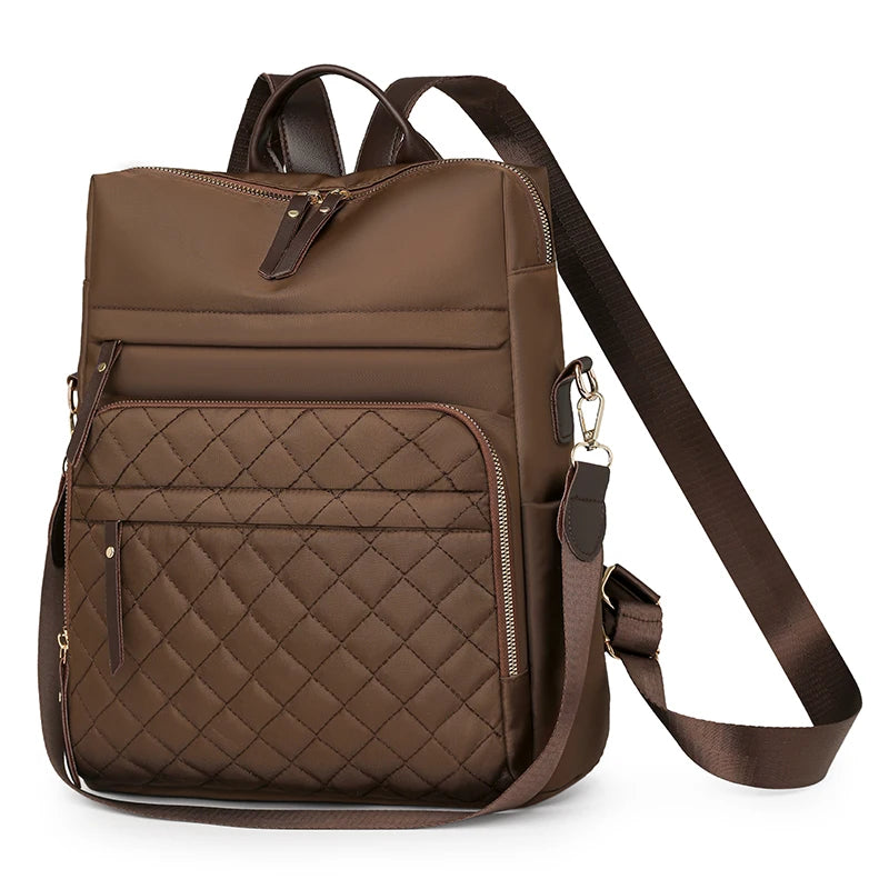 Fashion Plaid Daypack Women Waterproof Nylon Backpack Purse Ladies Large Capacity Book Bag Outdoor Travel Weekend Schoolbags Coffee 14 inches