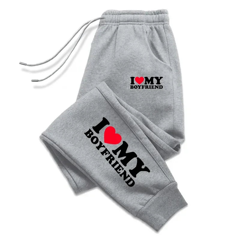 I Love My Boy Friend Printed Womens Mens Sweatpant Fitting Sport Pocket Drawstring Pant Warm Outdoor Casual Couple Trousers 2025 GreyB