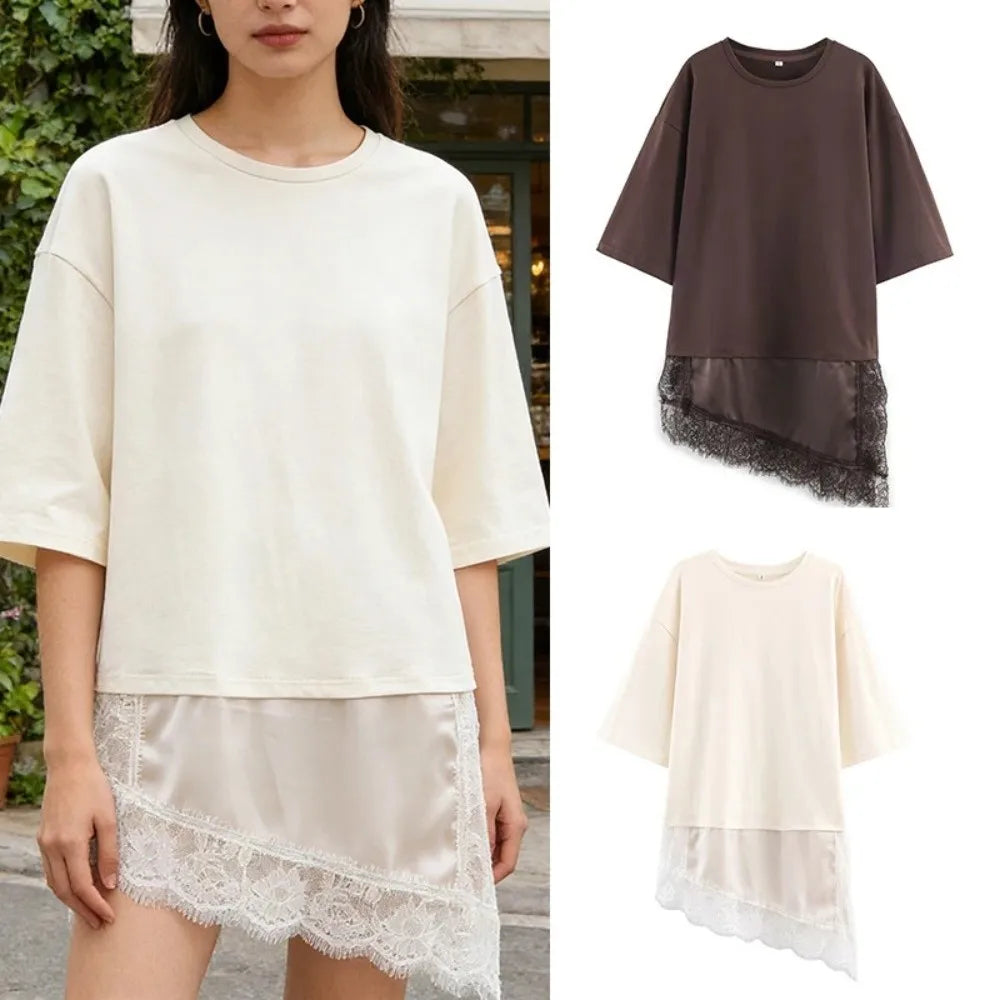Fashion Elegant Lace Patchwork T-shirt Short Sleeve Solid Color Loose Tops Casual O-Neck Female Top Summer