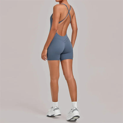 SVEIC Gym Sports Jumpsuits Short Cross Backless Hollow Fitness Workout Sportswear One Piece Bodysuit Running Tight Yoga Clothing Gray blue China Mainland