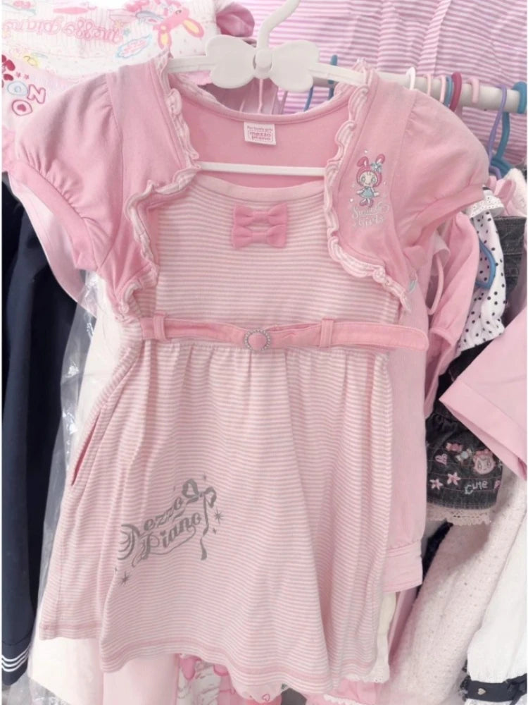 Japanese Sweet Summer Stripe Dress Cute Girl Style Bow Embroidery Sleeveless Strap Dress Soft Kawaii Y2K Aesthetic Fairy Outfit