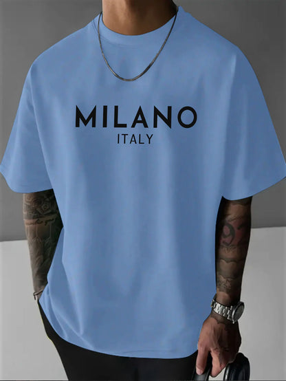 Men's 100% pure cotton fashionable casual loose Italian style Milan letter printed round neck short sleeved T-shirt top A1689-wulan