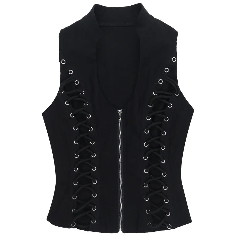 Goth Dark Punk Sleeveless Corn Bandage Tanks Top Women Chic Streetwear Slim Zip Vest Mall Gothic Techwear Summer Fashion T-shirt