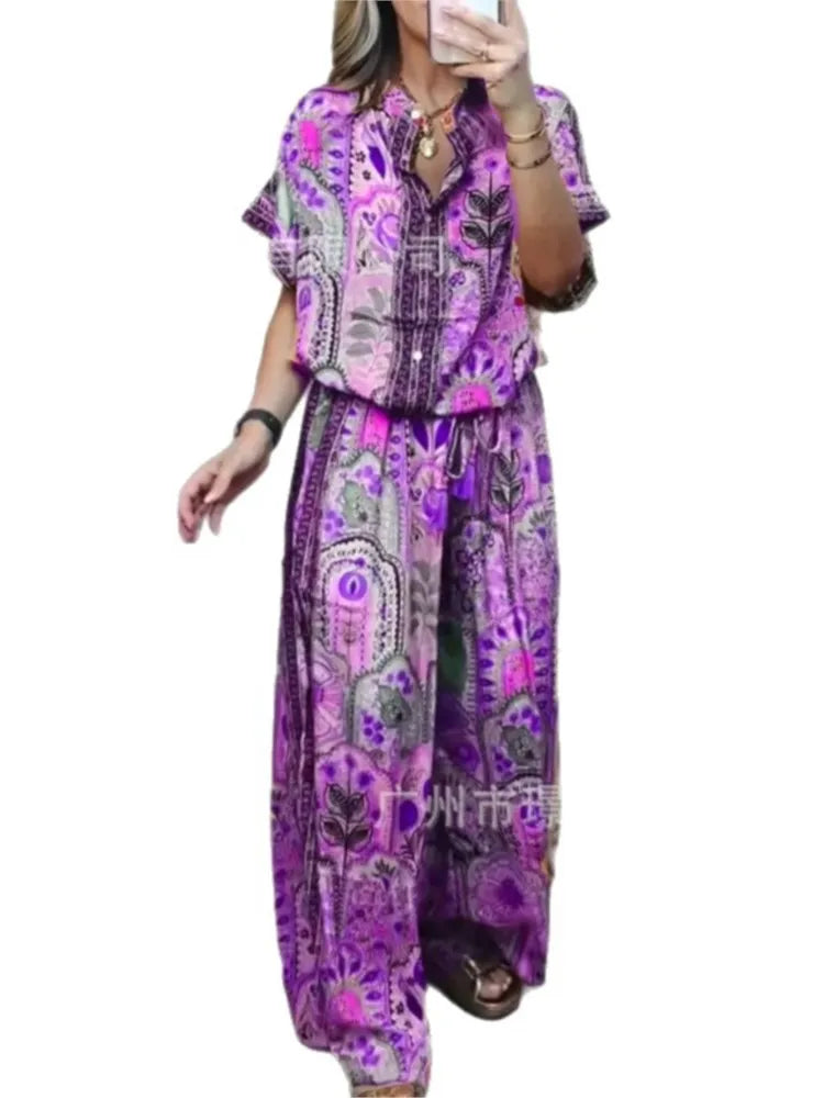 Printed Top & Wide-Leg Pants Set