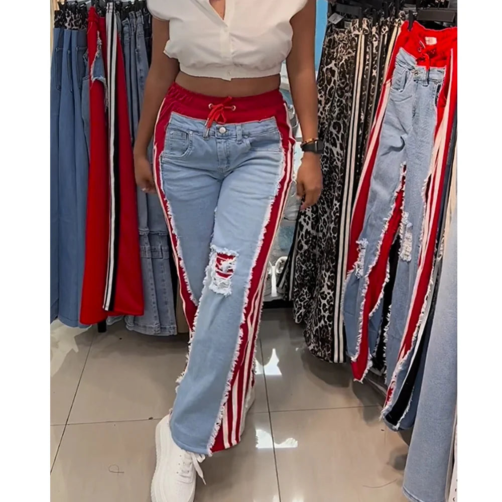 High Waist Ripped Jeans Women Colorblock Contrast Distressed Patchwork Pants Streetwear Wide Leg Long Stretch Denim Jeans