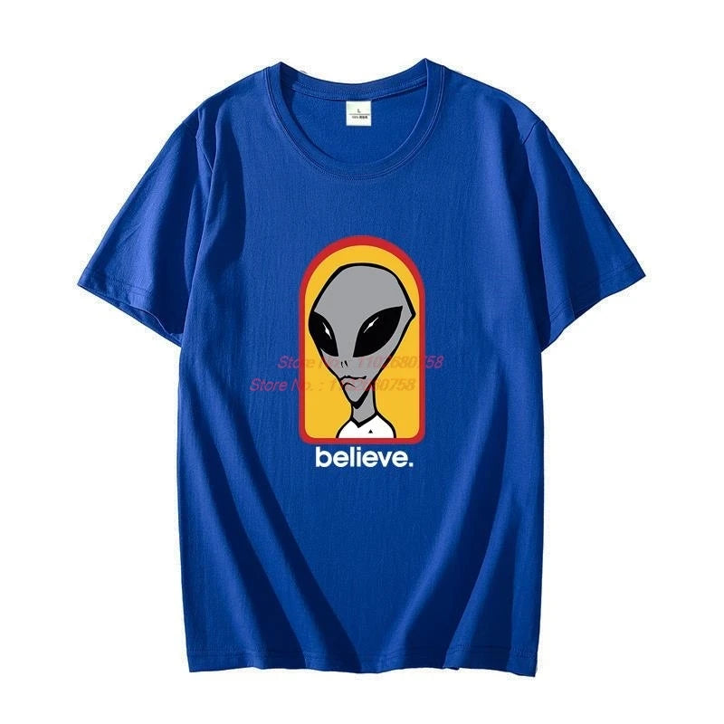 Men's Oversized Cotton T-shirt 'Believe Speed Way' Graphic Tees Harajuku Style Alien Workshop Summer Top