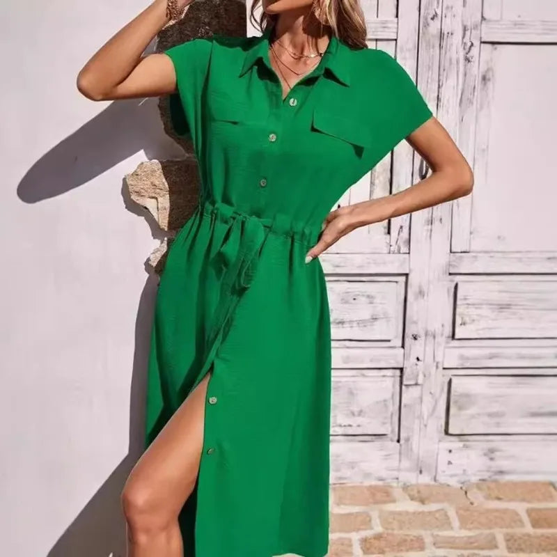 Summer Shirt Collar Waist Skirt