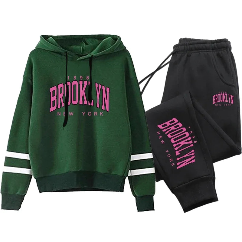 Quality Daily Women Tracksuit Hoodies Casual Single Piece Stripe Sweatshirt and Sweatpants Comfort Outdoor Jogging Autumn Winter Green
