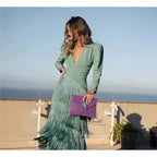 Autumn Long Sleeve Spliced Tassel Party Dresses Woman Elegant Deep V Neck Sheath Long Dress Fashion Deep V Neck Holiday Dress