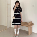 Women's Long T-Shirt Summer 100% Cotton Striped Short Sleeve Pullover Knit POLO Neck Ladies Dress Tops Loose Fashion Tees Skirt