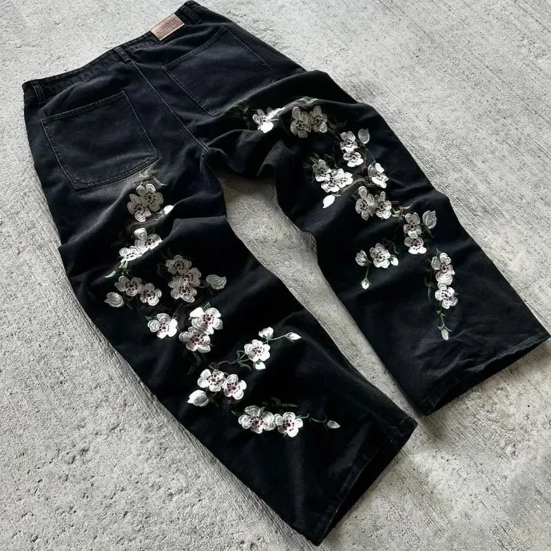 Cherry Blossom Embroidered Baggy Jeans — Y2K Low Waist Wide Leg, Unisex 3